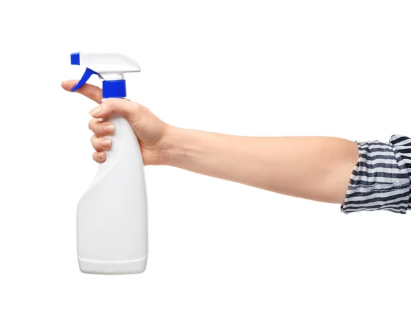 Mujer Sosteniendo Botella Detergente Sobre Fondo Blanco — Foto de Stock