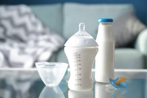 Bottles Baby Formula Pacifier Glass Table — Stock Photo, Image