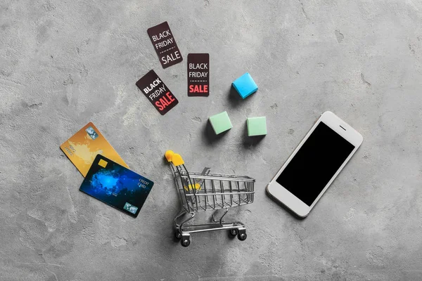 Composition Small Cart Mobile Phone Credit Cards Grey Background Online — Stock Photo, Image