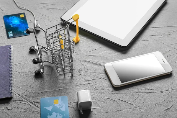 Composition Small Cart Gadgets Credit Cards Grey Background Online Shopping — Stock Photo, Image