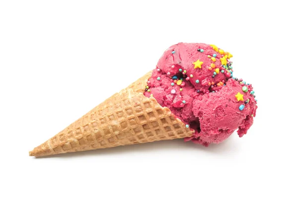 Cono Gofre Con Delicioso Helado Color Espolvoreos Sobre Fondo Blanco — Foto de Stock