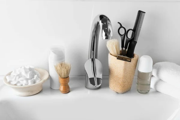 Shaving Accessories Cosmetics Men Sink Bathroom — Stock Photo, Image