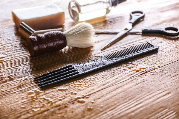 Wet Shaving Accessories Men Wooden Table — Stock Photo, Image