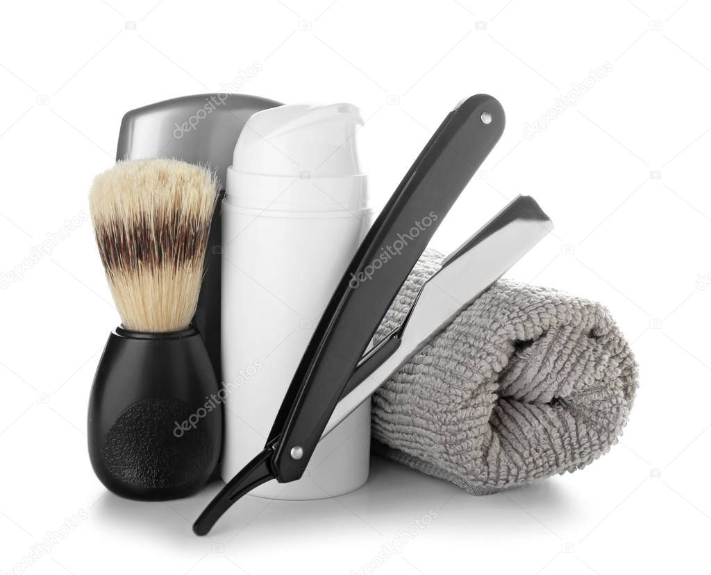 Shaving accessories with deodorant for men on white background