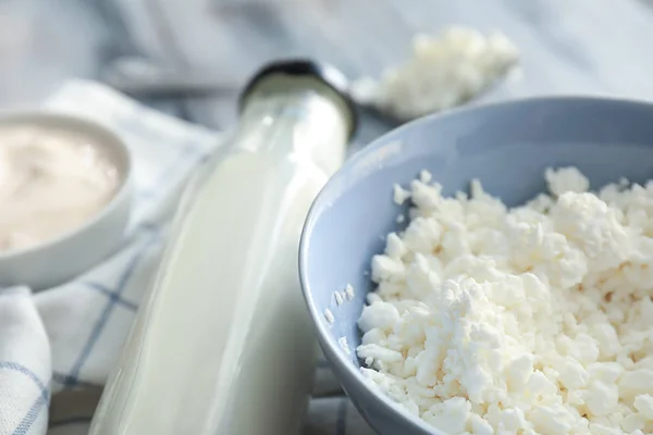 Bowl Cottage Cheese Bottle Milk Table — Stock Photo, Image