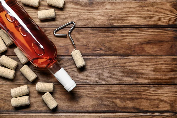 Bottle Red Wine Corks Wooden Background — Stock Photo, Image
