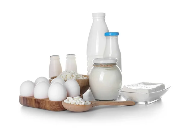 Различные Молочные Продукты Яйцами Белом Фоне — стоковое фото