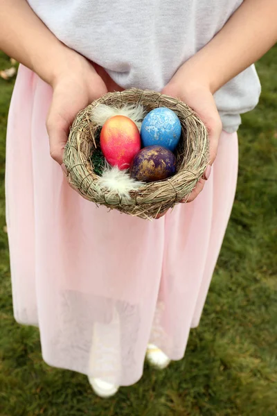 Woman Holding Nest Easter Eggs Outdoors — Stock Photo, Image
