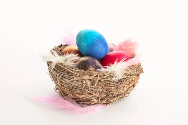 Nido Con Huevos Pascua Sobre Fondo Blanco — Foto de Stock