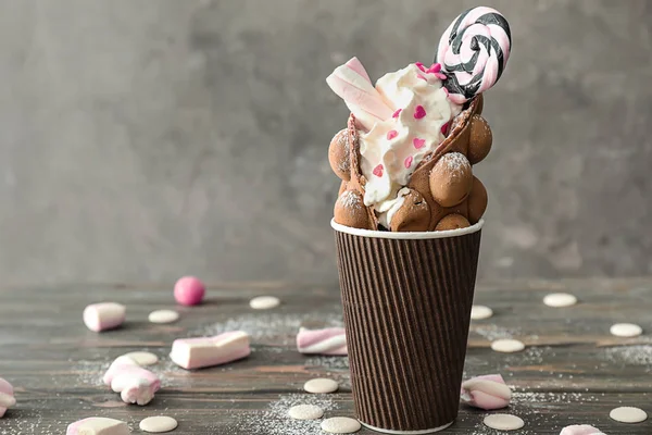 Delicious Bubble Waffle Cup Wooden Table — Stock Photo, Image