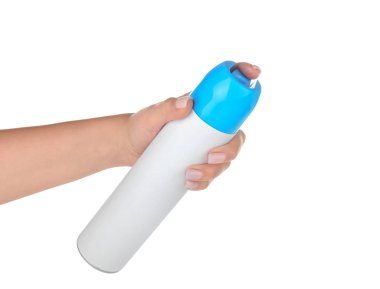 Beyaz arka plan üzerinde oda spreyi ile el