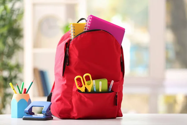 Backpack School Supplies White Table — Stock Photo, Image