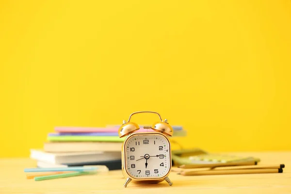 Alarm Clock Stationery Wooden Table Color Background — Stock Photo, Image