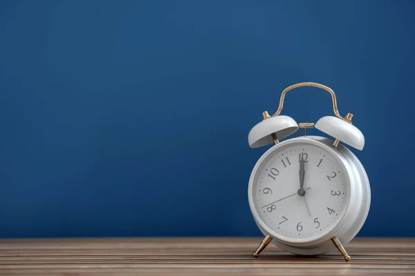 Alarm Clock Wooden Table Color Background — Stock Photo, Image