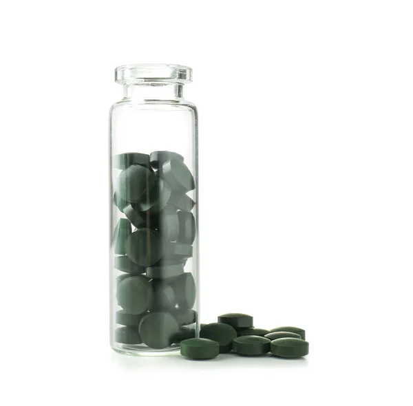 Flaska Med Spirulina Tabletter Vit Bakgrund — Stockfoto