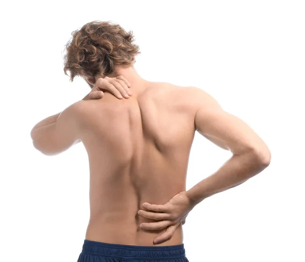 Young Man Suffering Back Pain White Background — Stock Photo, Image