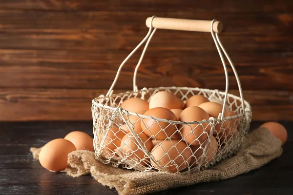 Basket Raw Chicken Eggs Dark Wooden Table — Stock Photo, Image