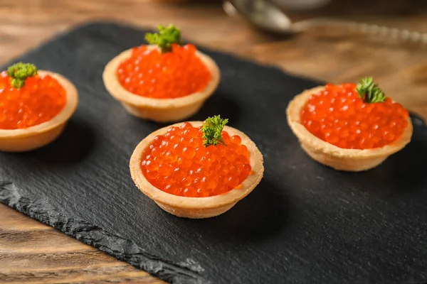 Delicious Canapes Red Caviar Slate Plate — Stock Photo, Image