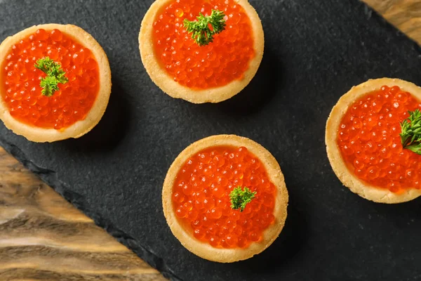 Delicious Canapes Red Caviar Slate Plate — Stock Photo, Image