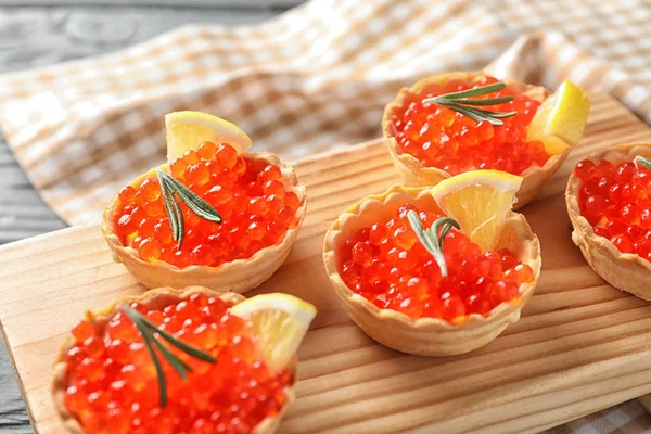 Delicious Canapes Red Caviar Wooden Board — Stock Photo, Image