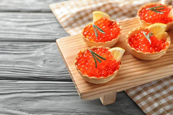 Delicious Canapes Red Caviar Wooden Board — Stock Photo, Image