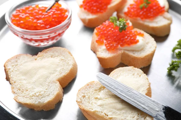 Delicious Sandwiches Red Caviar Metal Tray Closeup — Stock Photo, Image