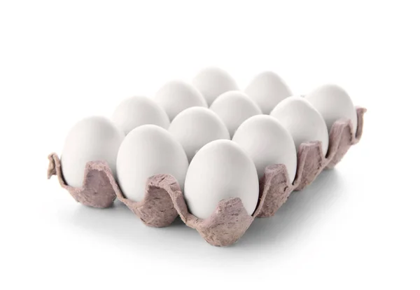 Karton Pack Met Rauwe Kip Eieren Witte Achtergrond — Stockfoto