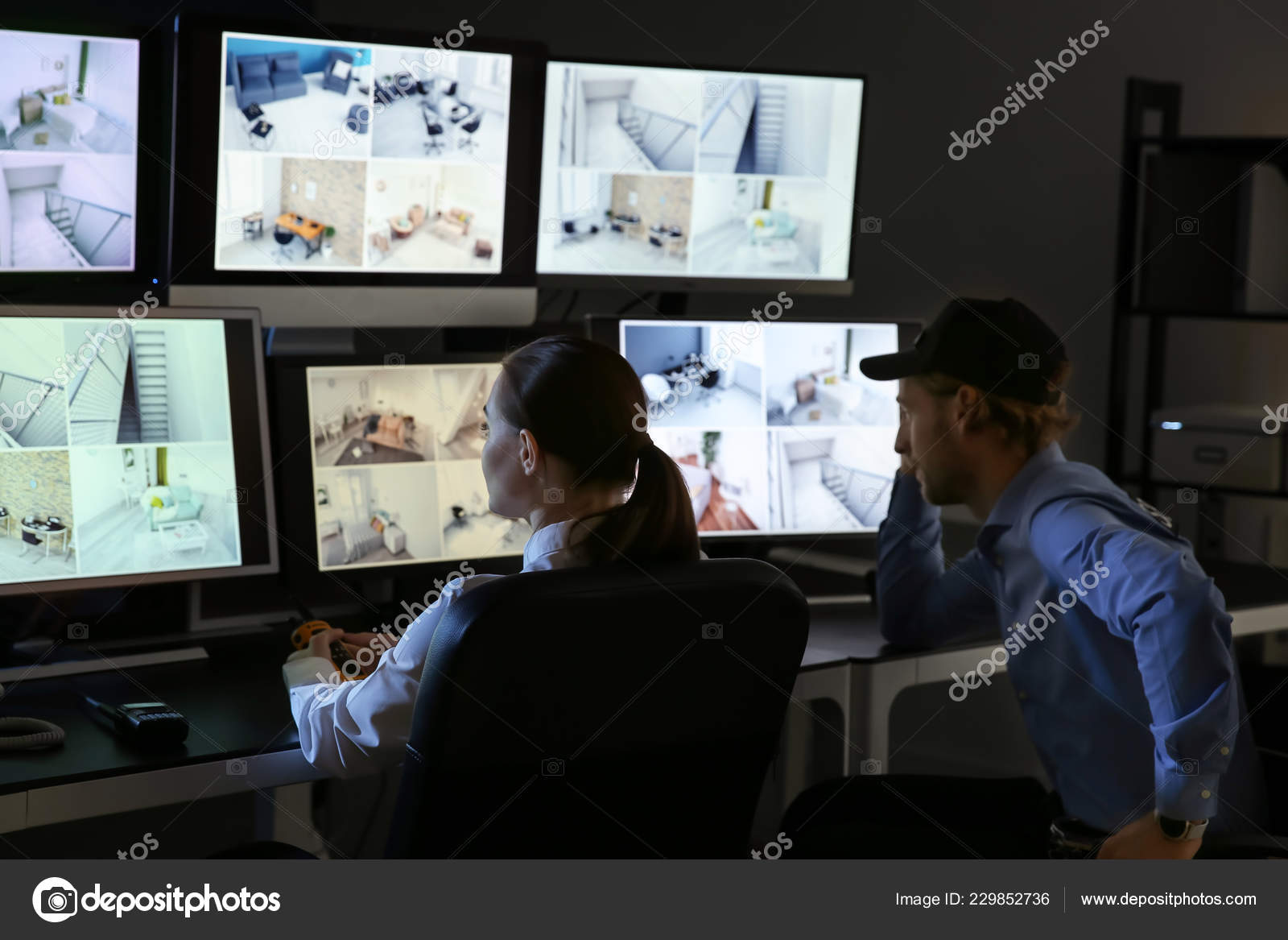 Security Guards Monitoring Modern Cctv Cameras Surveillance Room Stock