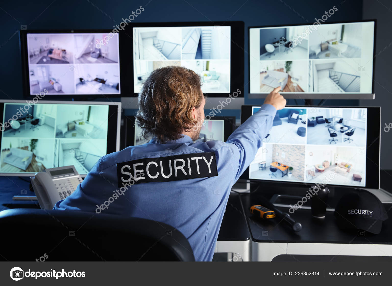 Security Guard Monitoring Modern Cctv Cameras Surveillance Room