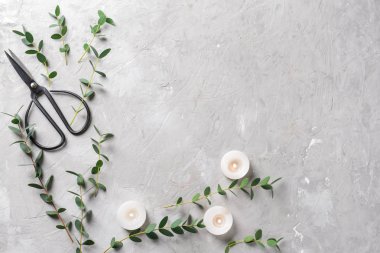 Okaliptüs şube ve gri arka plan için makaslar ile yanan mumlar