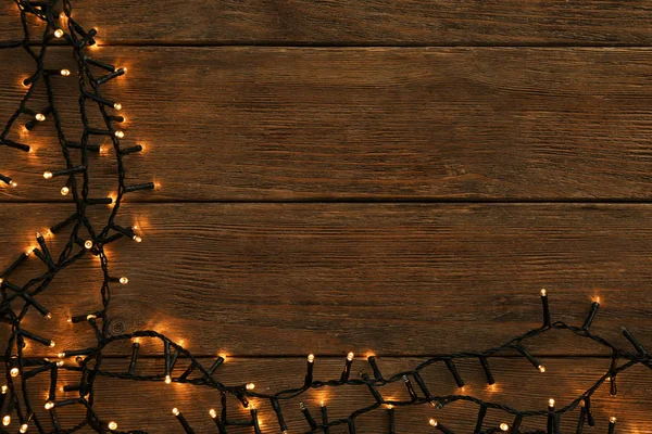 Світлі Різдвяні Вогні Дерев Яному Столі — стокове фото