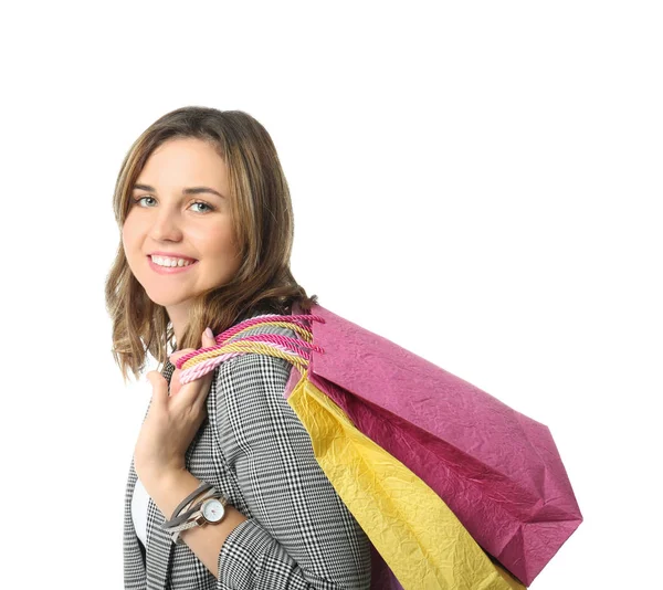 Mooie Jonge Vrouw Met Boodschappentassen Witte Achtergrond — Stockfoto