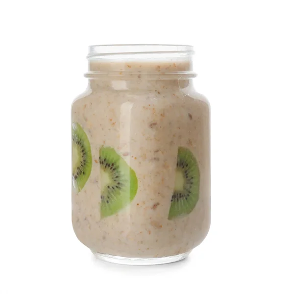 Mason Jar Tasty Oatmeal Kiwi Slices White Background — Stock Photo, Image