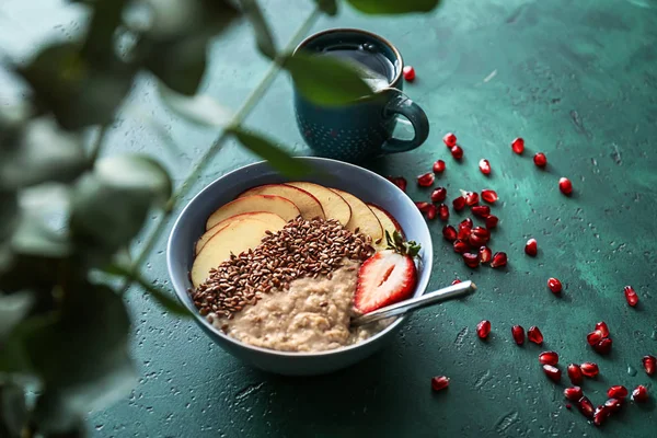 Bowl Tasty Oatmeal Sliced Pear Cup Tea Color Table — Stock Photo, Image