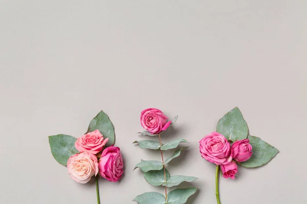 Composición Con Hermosas Rosas Rosadas Hojas Eucalipto Sobre Fondo Gris — Foto de Stock