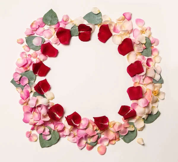 Frame Made Beautiful Rose Petals Eucalyptus Leaves White Background — Stock Photo, Image
