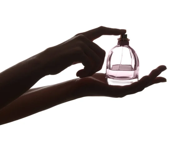Kobieta Trzyma Butelkę Perfum Białym Tle — Zdjęcie stockowe