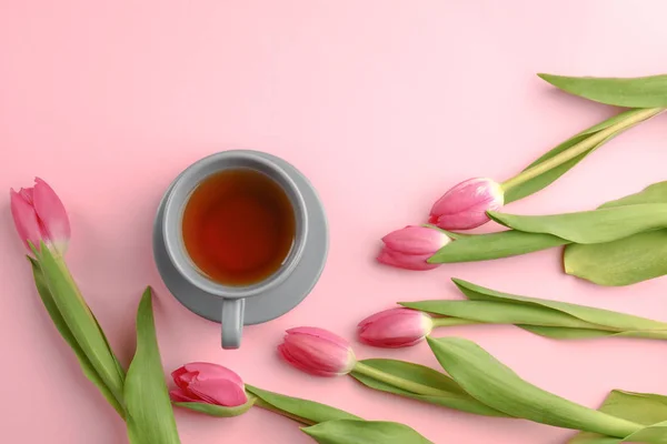 色の背景上の紅茶のカップで美しいチューリップ — ストック写真