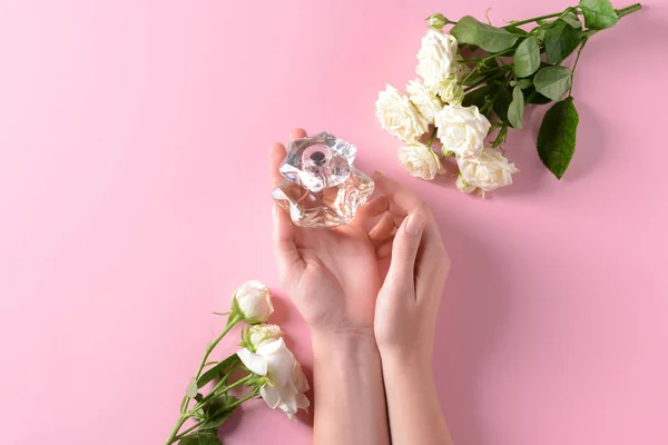 Female Hands Holding Bottle Perfume Flowers Color Background — Stock Photo, Image