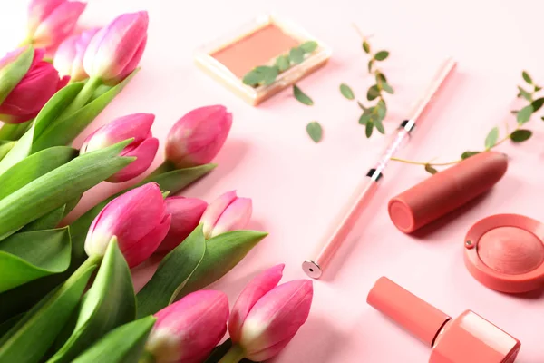 Beautiful Tulips Cosmetics Color Background — Stock Photo, Image