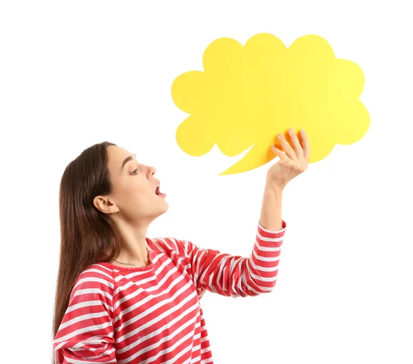 Young Woman Blank Speech Bubble White Background — Stock Photo, Image