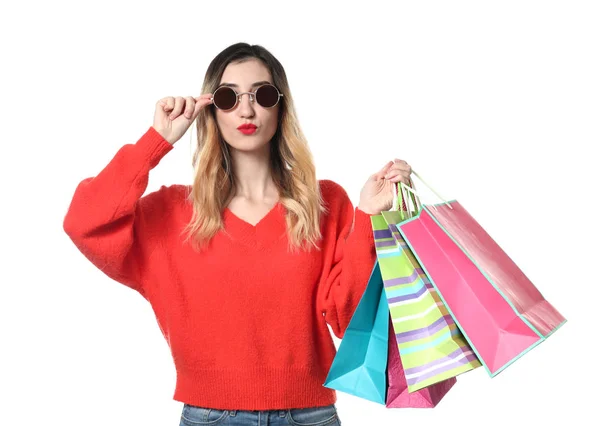 Hermosa Mujer Joven Con Bolsas Compras Sobre Fondo Blanco —  Fotos de Stock