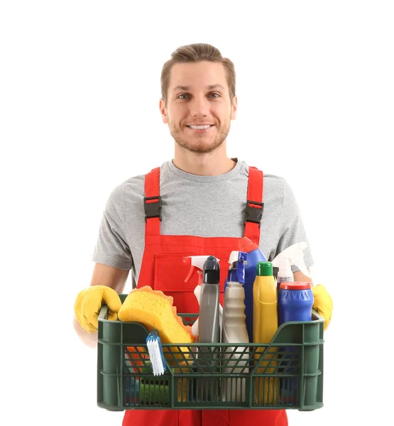 Man Met Schoonmaak Leveringen Witte Achtergrond — Stockfoto