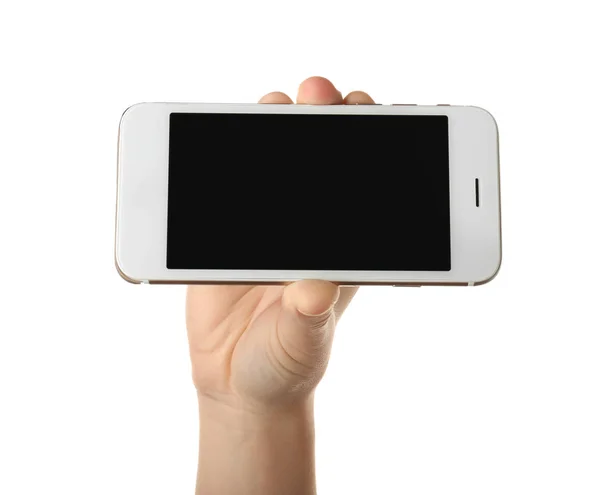 Жіноча Рука Мобільним Телефоном Білому Тлі — стокове фото