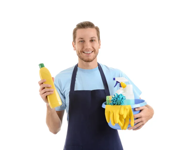 Homem Com Suprimentos Limpeza Fundo Branco — Fotografia de Stock