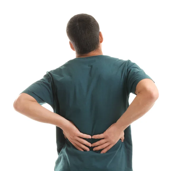 Young Man Suffering Back Pain White Background — Stock Photo, Image