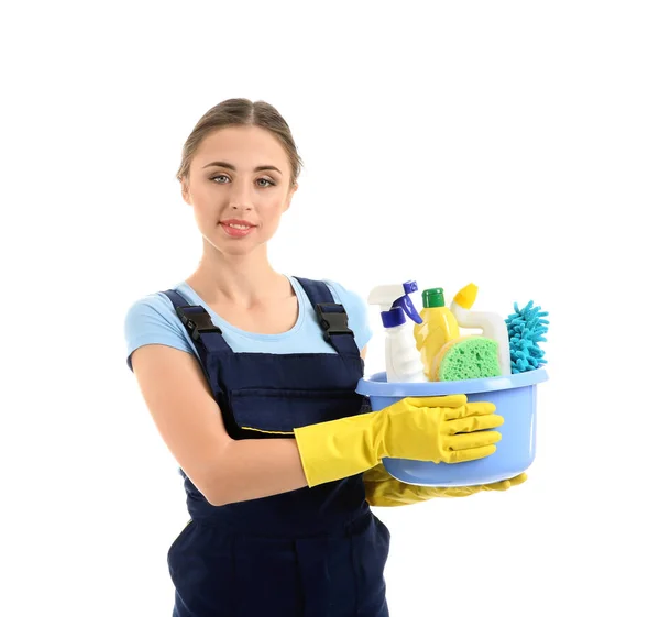 Woman Cleaning Supplies White Background — Stock Photo, Image