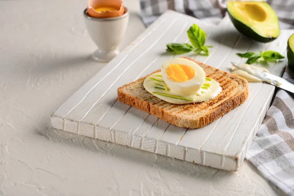 Delicious Toast Cream Cheese Boiled Egg Wooden Board — Stock Photo, Image