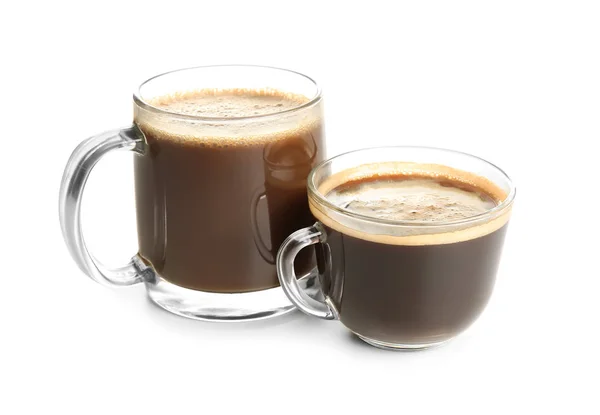 Glazen Bekers Met Smakelijke Aromatische Koffie Witte Achtergrond — Stockfoto
