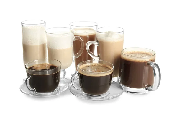 Стеклянные Чашки Вкусным Ароматным Кофе Белом Фоне — стоковое фото